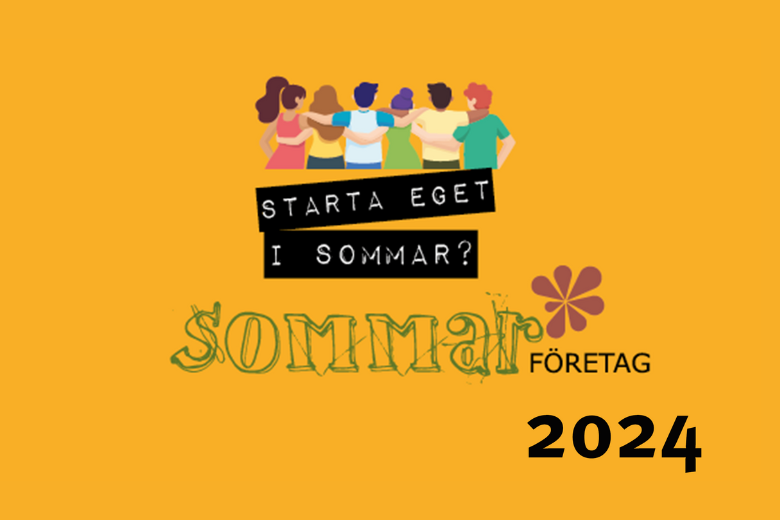 orange bakgrund med illustration på människor och text: starta eget i sommar? Sommarföretag 2024
