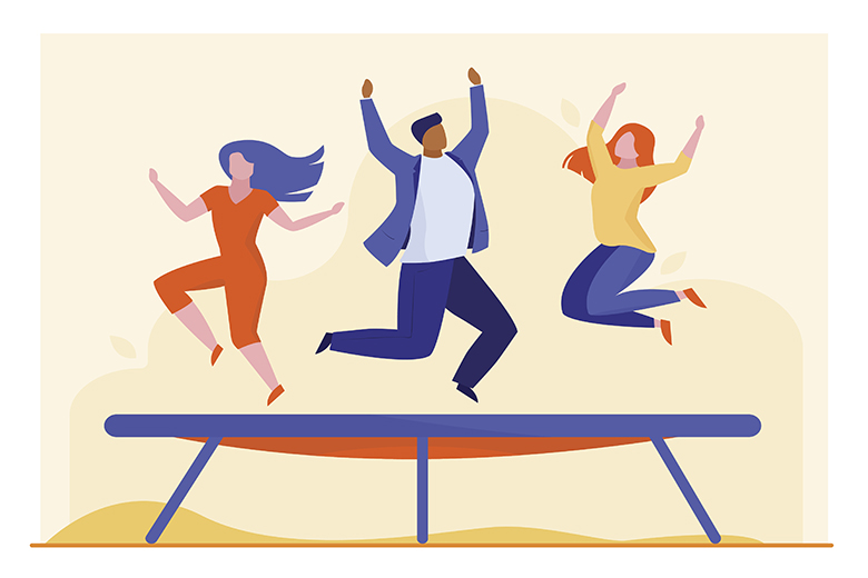 Tre personer hoppar på en trampolin. Bilden är tecknad. 