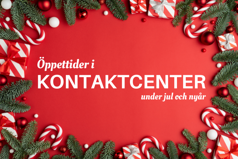 julig röd bakgrund med texten Öppettider i kontaktcenter under jul och nyår