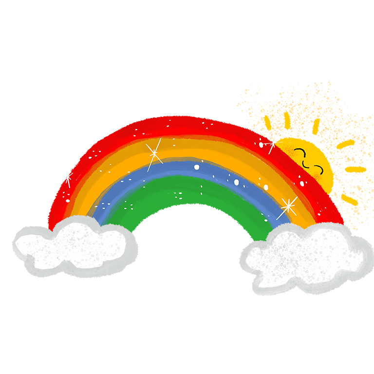 Tecknad regnbåge med en glad sol