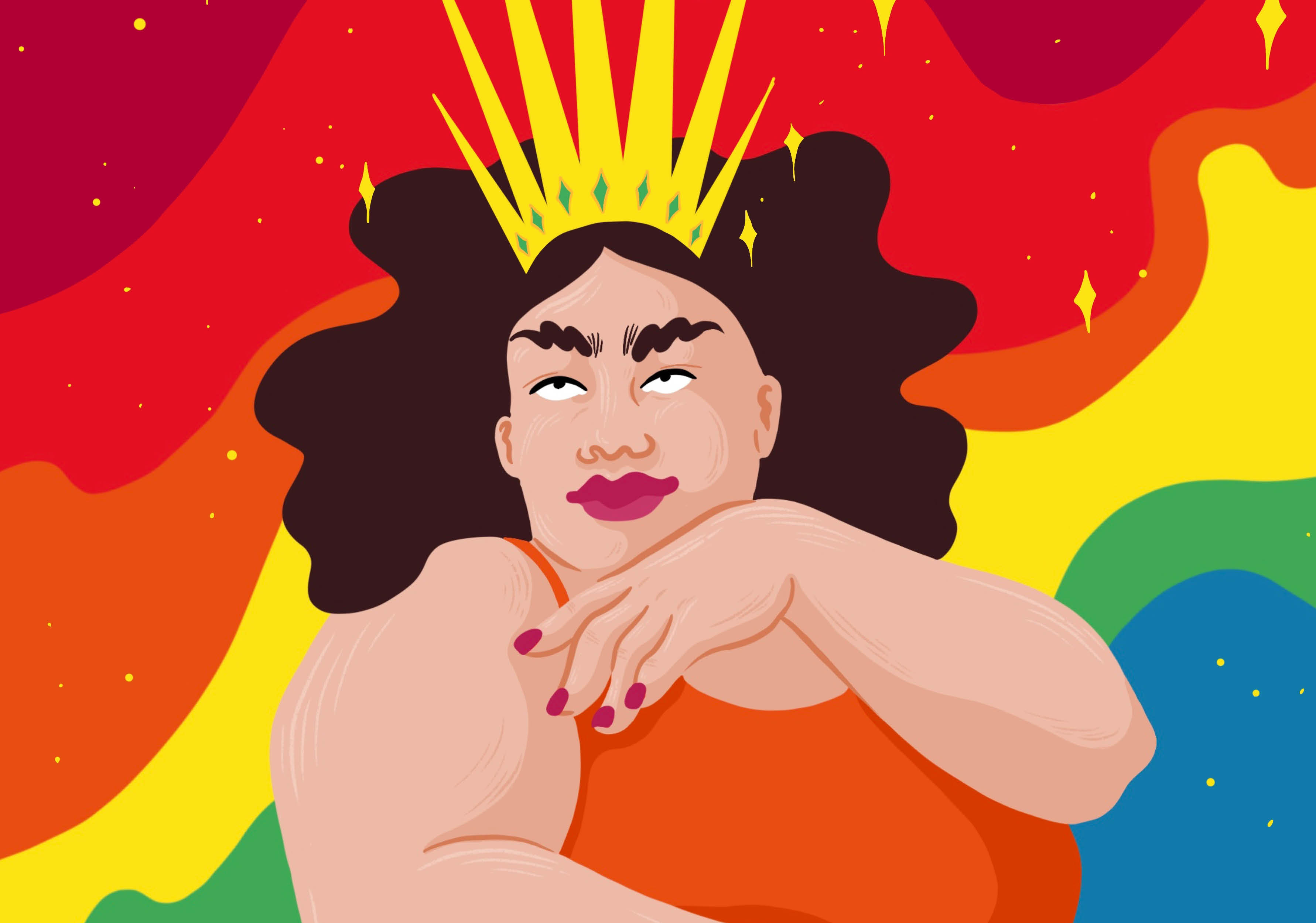 Tecknad bild av en drag queen  med regnbågsfärgad bakgrund