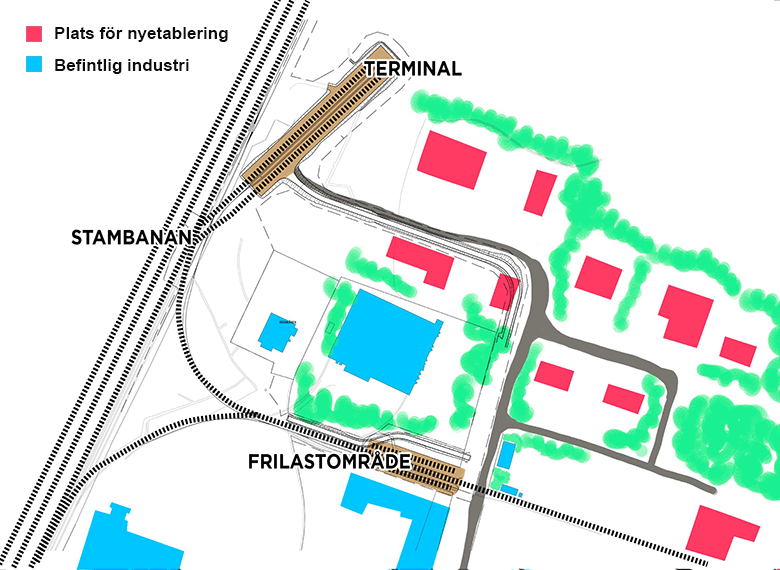 Skiss över befintlig industri och plats för nyetableringar Osby industripark