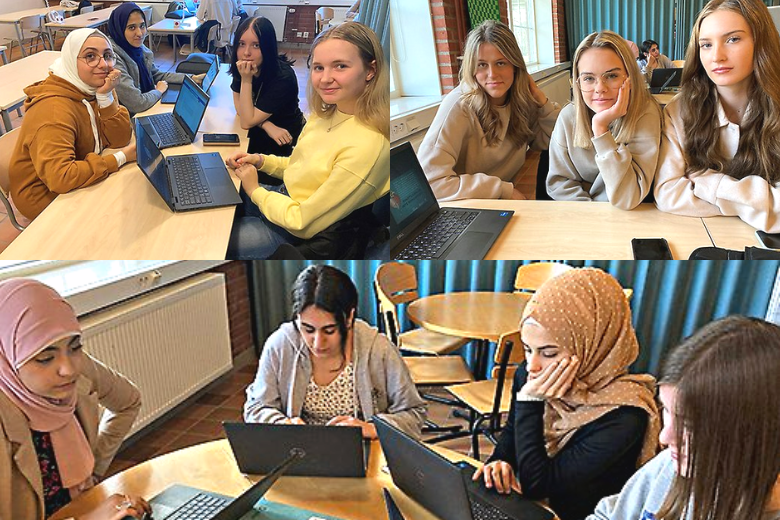 Elever från Ekbackeskolan som sitter vid skrivborden och arbetar med materialet under kampanjen 2022