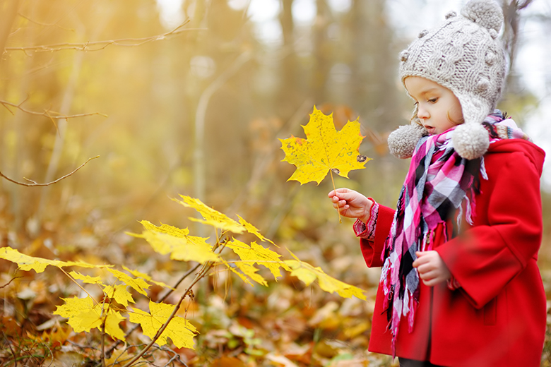 Flicka är ute i skogen och håller ett gult löv i handen 