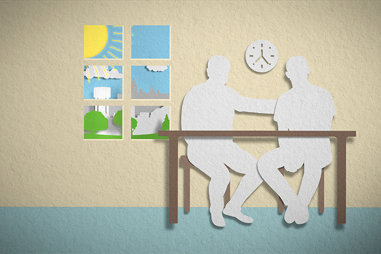 Illustration där två personer sitter och samtalar vid ett bord